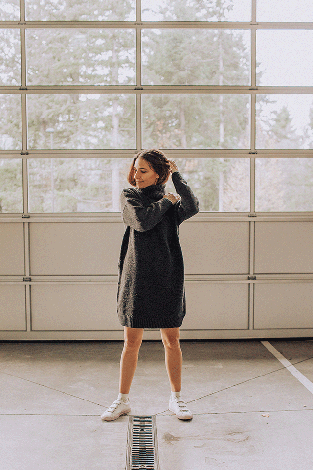 sweater dress and sneakers